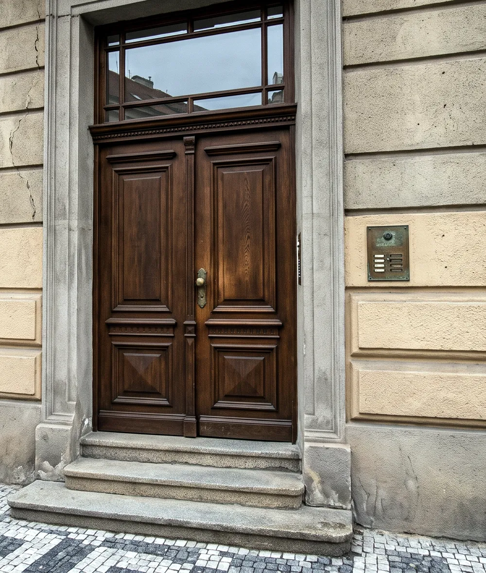 Dřevěné dvoukřídlé vchodové dveře bytového domu